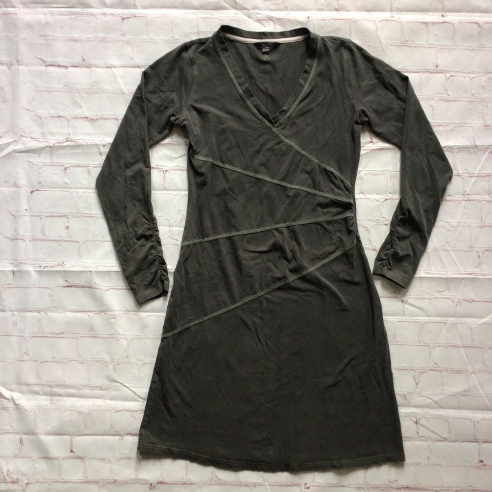 Athleta Green Organic Cotton Ruched Long Sleeve V-Neck Dress - Size XS